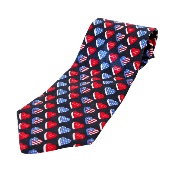 VTG Savile Row I Love American Heart Flag Silk Tie Grandpa Patriotic USA Made - Picture 2 of 13